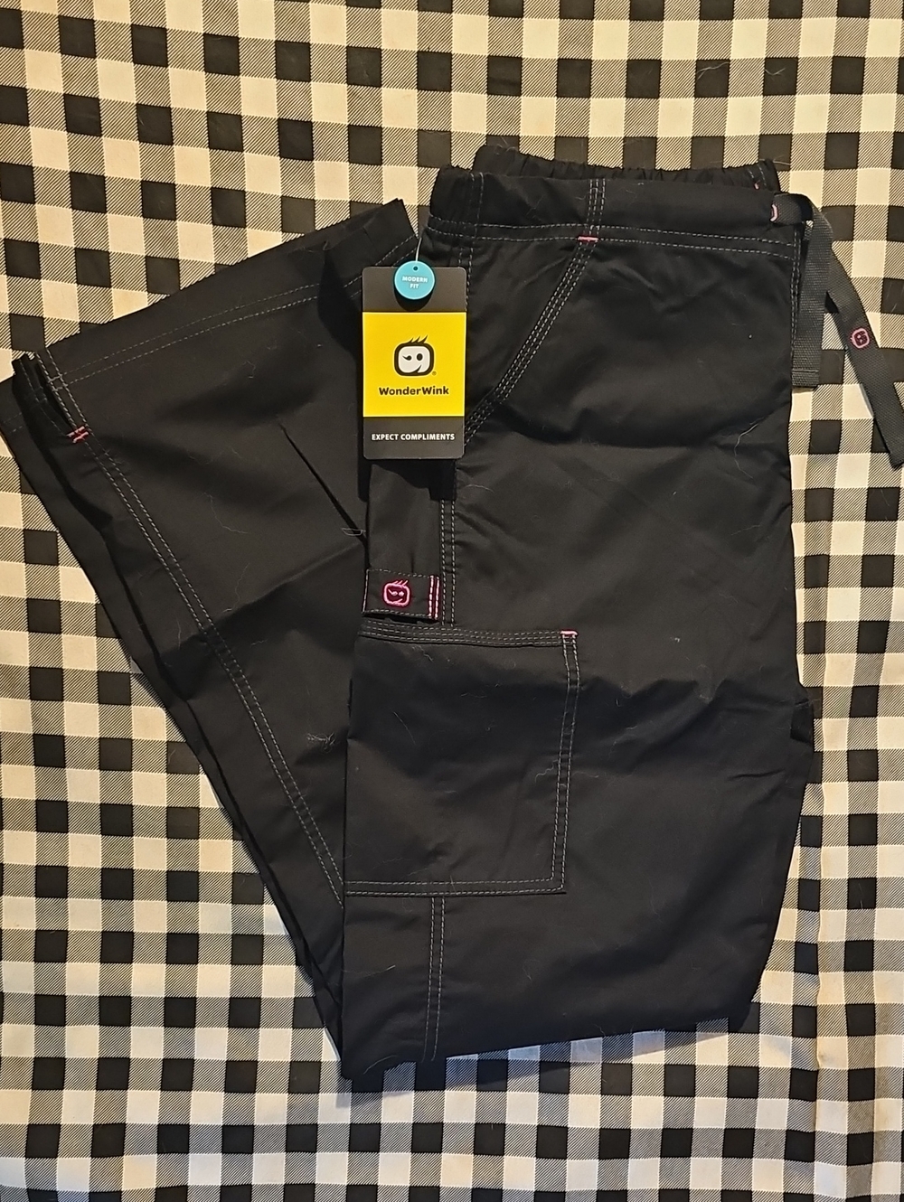WonderWink Women's Black Scrub Pants with Pink Accent Stitching